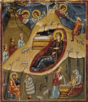 Galata Theotokos Geburt. Fresko of the birth of Jesus in the Church of the Archangel Galata Cyprus